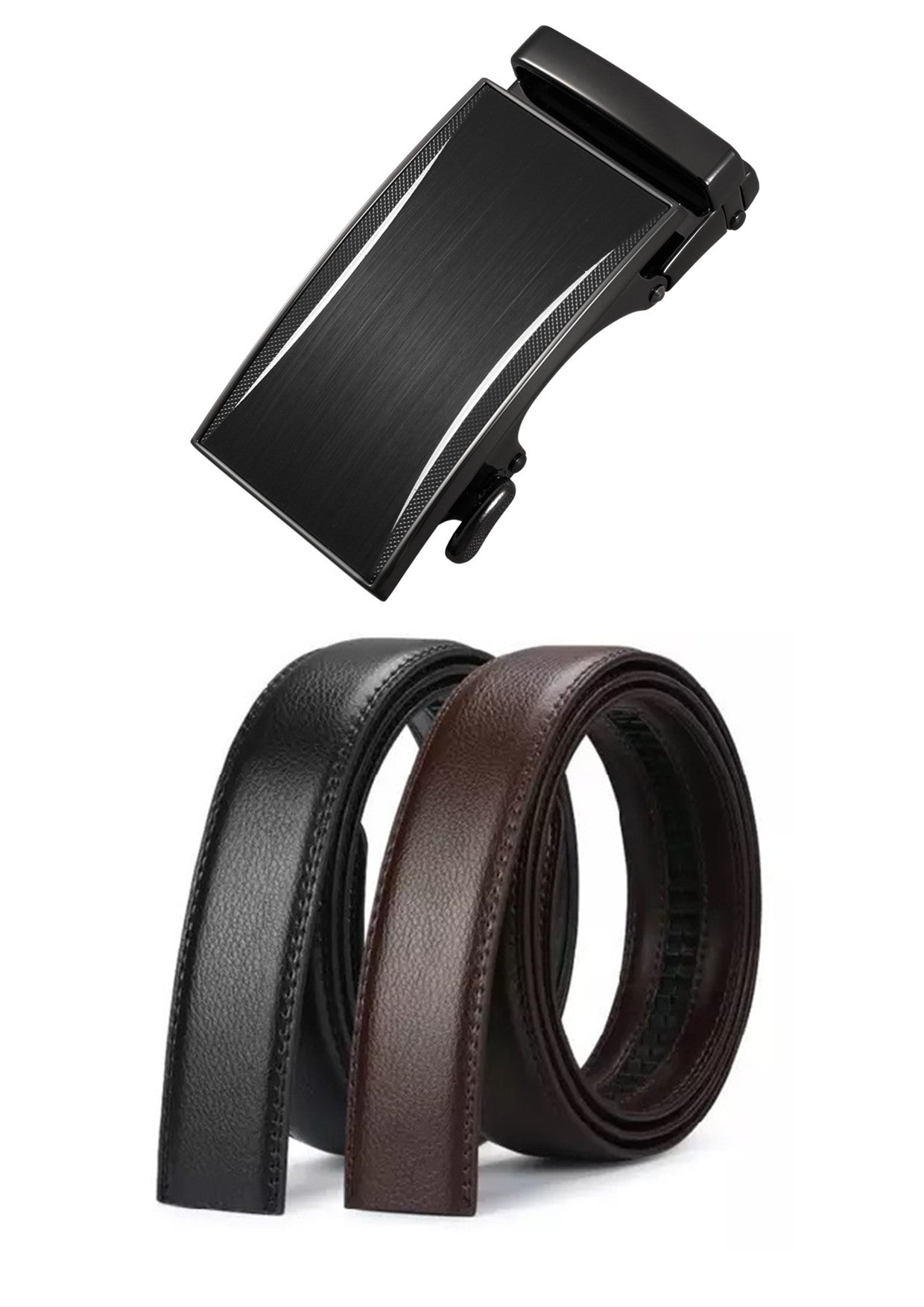 Men's leather belt black with automatic buckle.