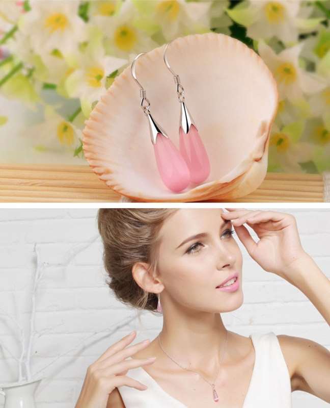 Oorbel waterdrop zilveren sieraden set -pink